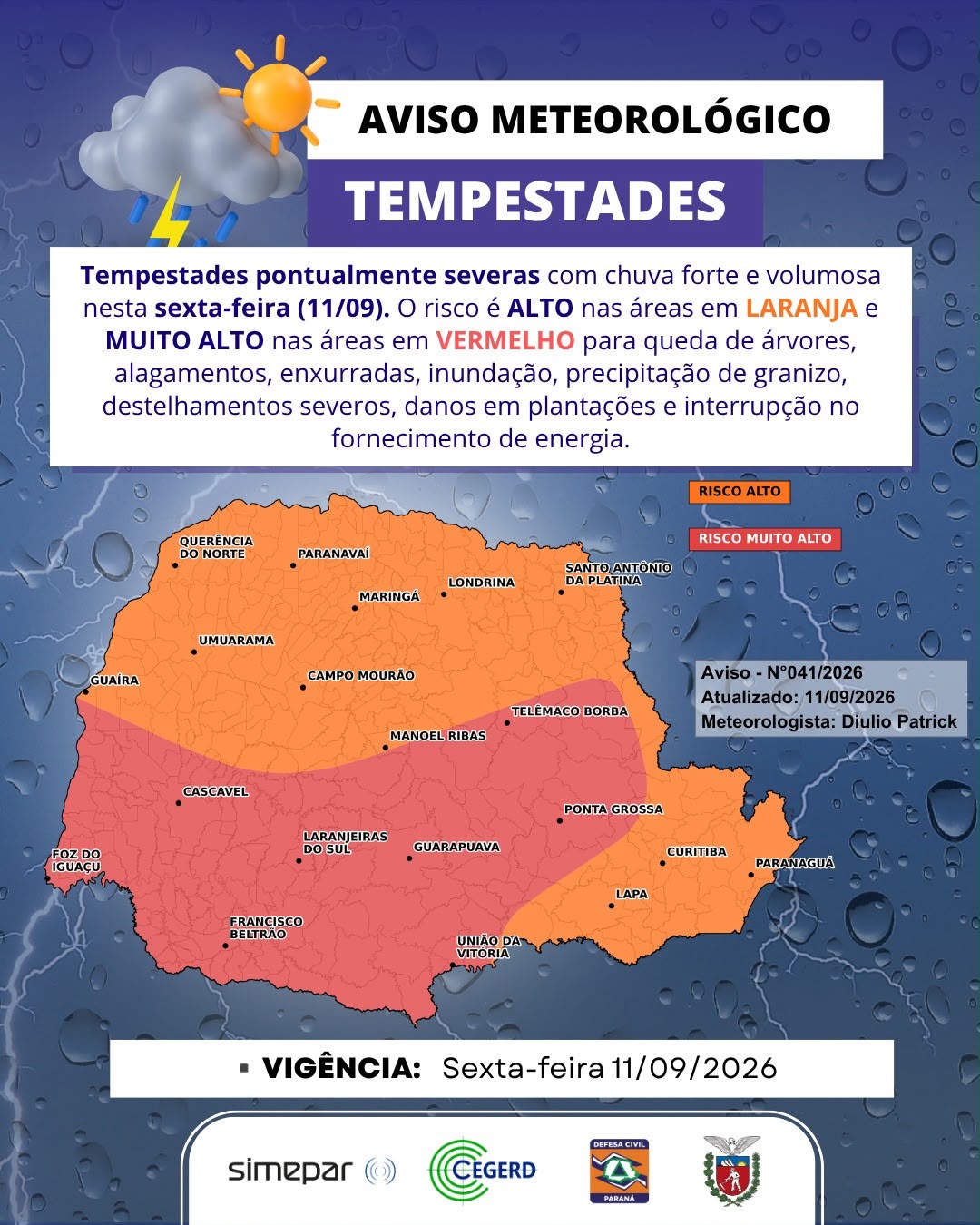 Ponta Grossa e região entram em risco muito alto para tempestades severas nesta sexta-feira